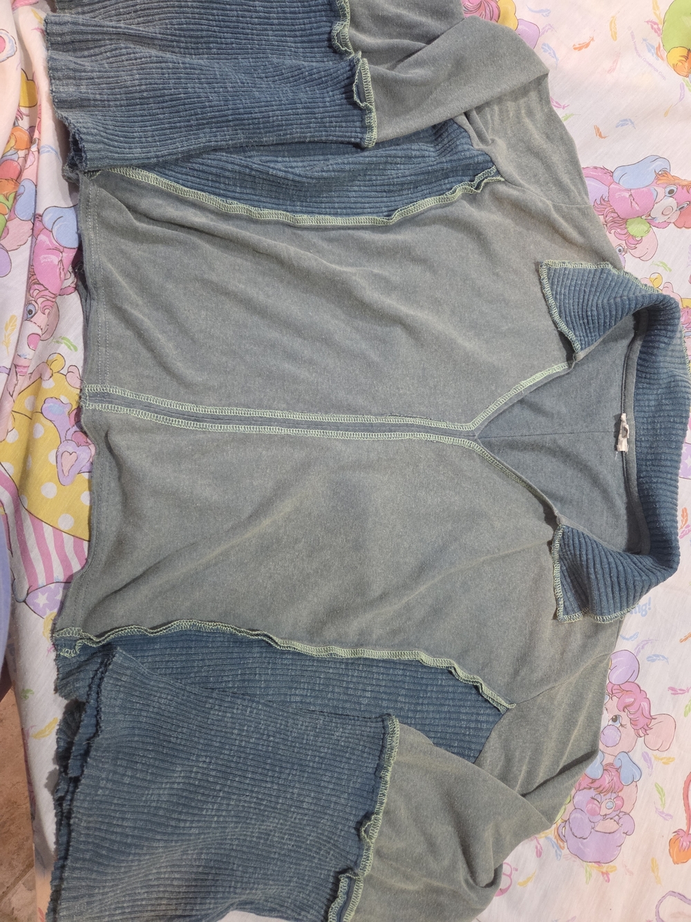Green Ribbed Panel Pullover Top Pol Large